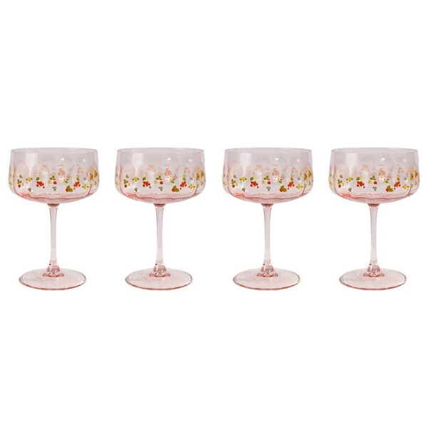 2x 2pc Urban Strawberry Fields Floral Coupe Champagne Drinking Glasses 16cm Pink