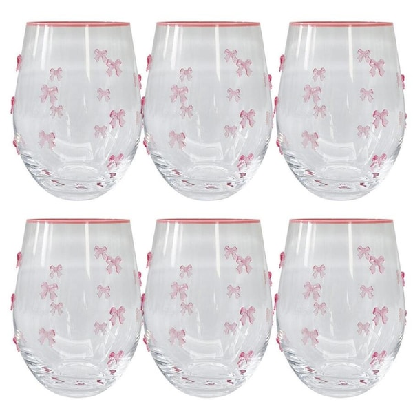 6PK Urban Kaya Bows Stemless Wine Drinking Glass 520ml 12cm Pink