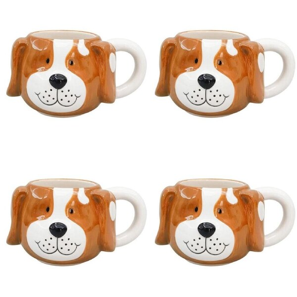 4PK Urban Ceramic Puppy Dog 3D Animal Coffee Drinking Mug 9cm Tan
