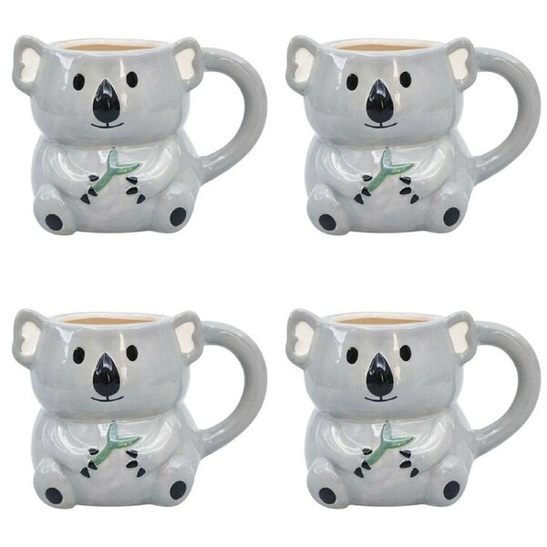 4PK Urban Ceramic Koala Bear 3D Animal Coffee Drinking Mug 10cm Grey