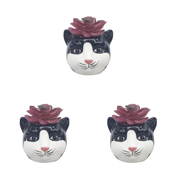 3PK Urban Ceramic Mini Cat Decorative Planter Pot with Plant 10cm White/Black