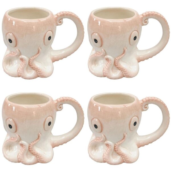 4PK Urban Ceramic Reef Octopus 3D Animal Coffee Drinking Mug 11cm Pink