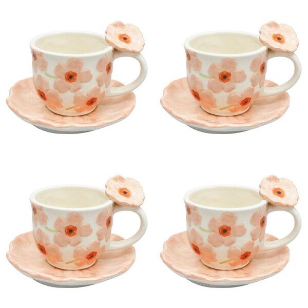 4x 2pc Urban Ceramic Floral Poppy Tea Cup & Saucer Set 9cm Peach
