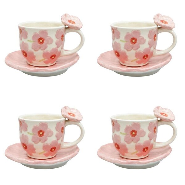4x 2pc Urban Ceramic Floral Poppy Tea Cup & Saucer Set 9cm Pink