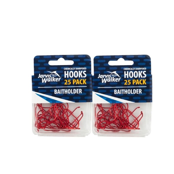 2x 25PK Sz 1/0 Jarvis Walker Red Baitholder Chemically Sharpened Fishing Hooks