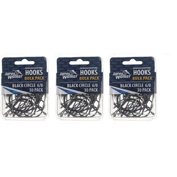 3x 30PK of Sz 6/0 Jarvis Walker Chemical Sharpened Black Circle Fishing Hooks