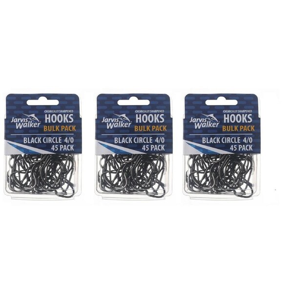 3x 45PK of Sz 4/0 Jarvis Walker Chemical Sharpened Black Circle Fishing Hooks