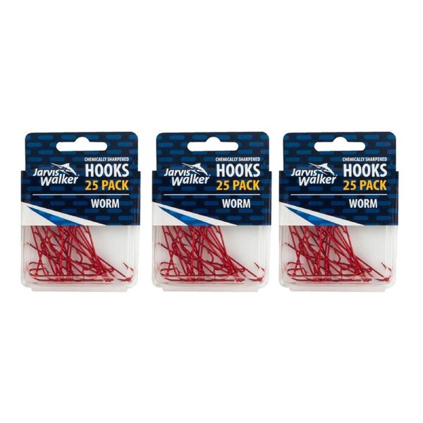 3x 25PK Sz 1/0 Jarvis Walker Red Long Shank Chemically Sharpened Fishing Hooks