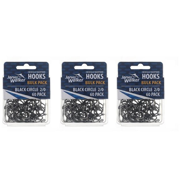 3x 60PK of Sz 2/0 Jarvis Walker Chemical Sharpened Black Circle Fishing Hooks