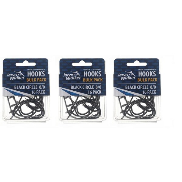 3x 16PK of Sz 8/0 Jarvis Walker Chemical Sharpened Black Circle Fishing Hooks