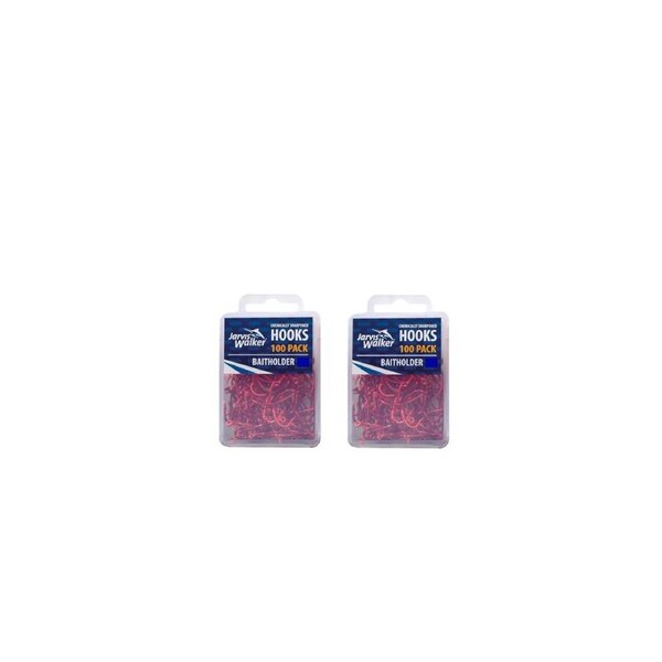 2x 100pc Jarvis Walker Sz 1/0 Baitholder Hooks - Red Sharpened Hooks