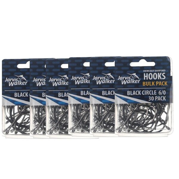 6x 30PK of Sz 6/0 Jarvis Walker Chemical Sharpened Black Circle Fishing Hooks