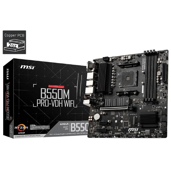 MSI B550M PRO-VDH WIFI Motherboard AMD Ryzen AM4, 4xDDR4, support up to 128GB, 1xPCIe 4.0/3.0 x16 slot, 4xSATA 6Gb, 7xUSB3.2, 6xUSB2.0, LAN, HDMI