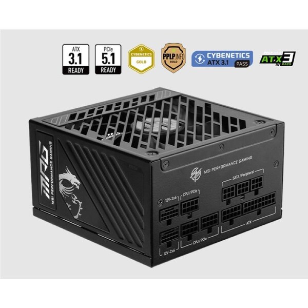 MSI MPG A1000GS PCIE5 1000W ATX Power Supply Unit, 80 PLUS Gold, Fully modular flat cables, 0 RPM Mode, Active PFC design