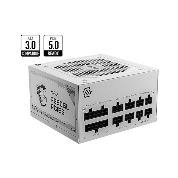 MSI MAG A850GL PCIE5 WHITE 850W Up to 90% (80 Plus Gold) ATX Power Supply Unit, PFC, 100~240 VAC, 850W, 47-63Hz, PCI-E, SATA, FDD