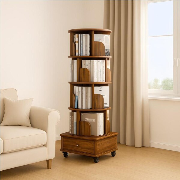 4-Tier Versatile Spacious Rotating Swivel Wooden Bookcase With Wheels 4 Shelves 1 Cabinet 144cm Walnut