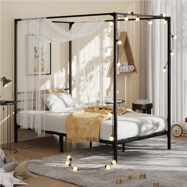 Oikiture Metal Canopy Bed Frame Queen Double Single Size Platform Single