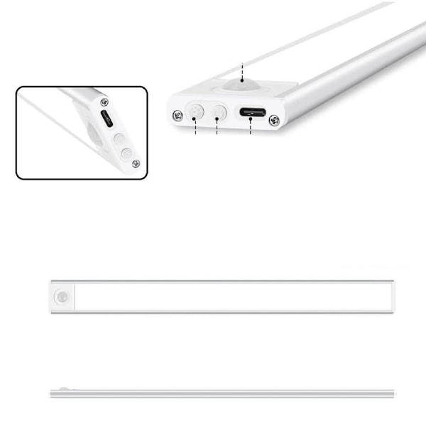 40cm USB Rechargable 3 Colour LED Motion Sensor Closet Light One Key PIR Cordless - Silver