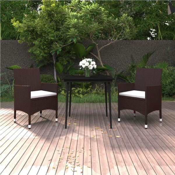 3 Piece Garden Dining Set with Cushions Poly Rattan and Glass vidaXL