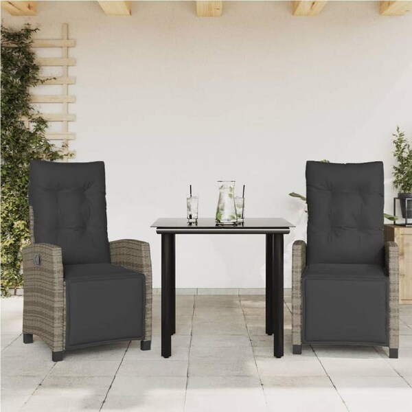 3 Piece Garden Dining Set with Cushions Grey Poly Rattan vidaXL