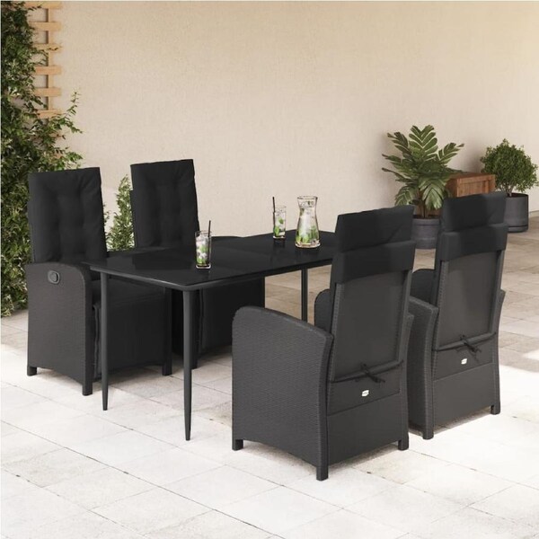 5 Piece Garden Dining Set with Cushions Black Poly Rattan vidaXL