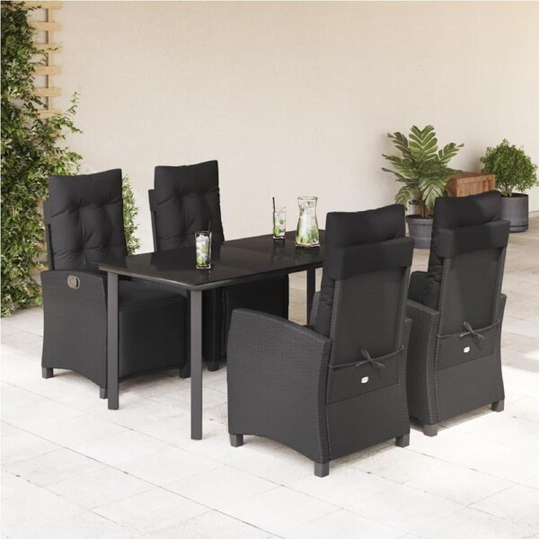 5 Piece Garden Dining Set with Cushions Black Poly Rattan vidaXL