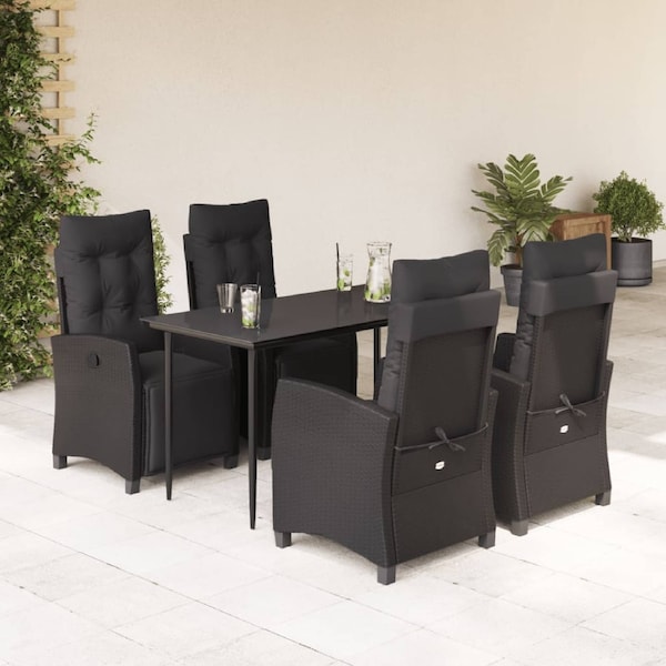 5 Piece Garden Dining Set with Cushions Black Poly Rattan vidaXL