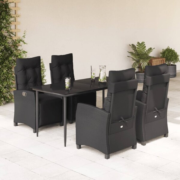 5 Piece Garden Dining Set with Cushions Black Poly Rattan vidaXL