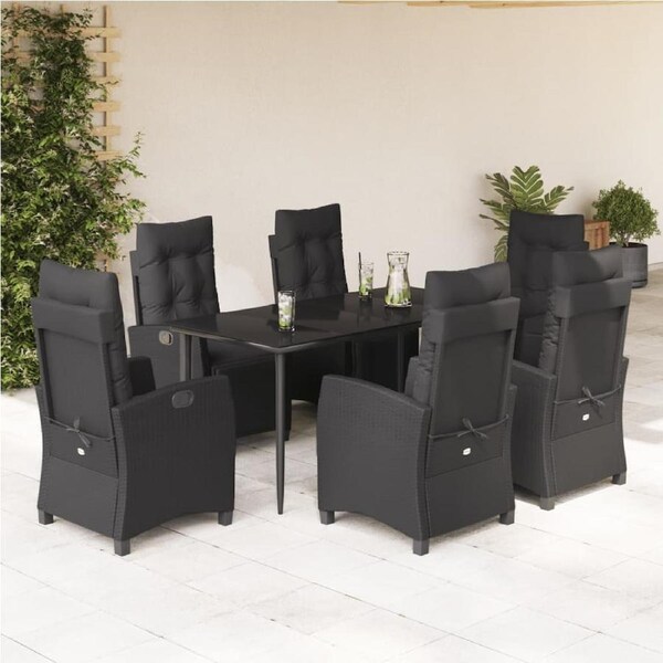 7 Piece Garden Dining Set with Cushions Black Poly Rattan vidaXL