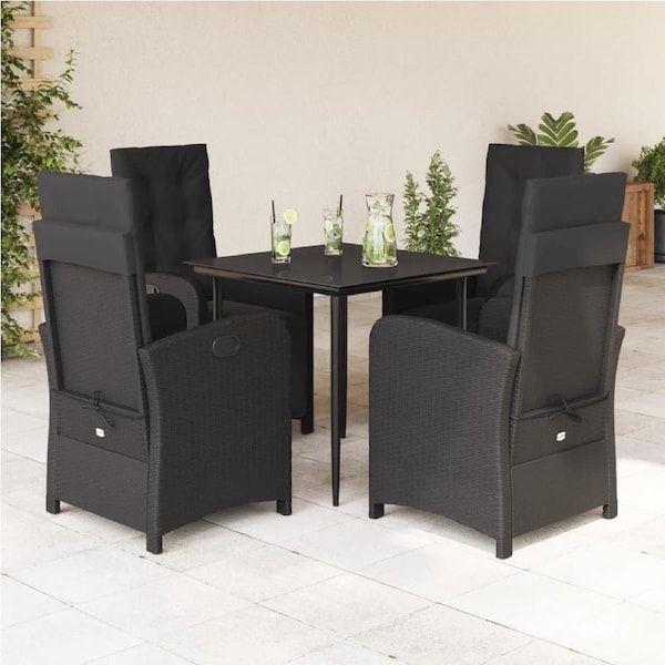 5 Piece Garden Dining Set with Cushions Black Poly Rattan vidaXL