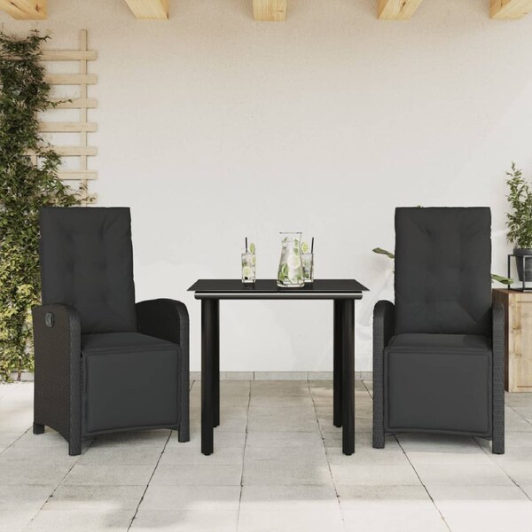 3 Piece Bistro Set with Cushions Black Poly Rattan vidaXL