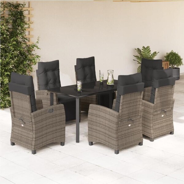 7 Piece Garden Dining Set with Cushions Grey Poly Rattan vidaXL