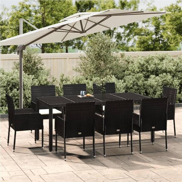 9 Piece Garden Dining Set with Cushions Black Poly Rattan vidaXL