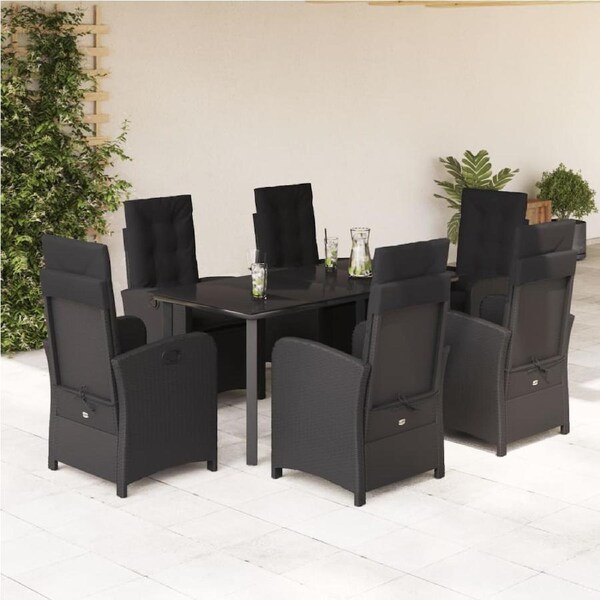 7 Piece Garden Dining Set with Cushions Black Poly Rattan vidaXL