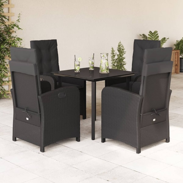 5 Piece Garden Dining Set with Cushions Black Poly Rattan vidaXL