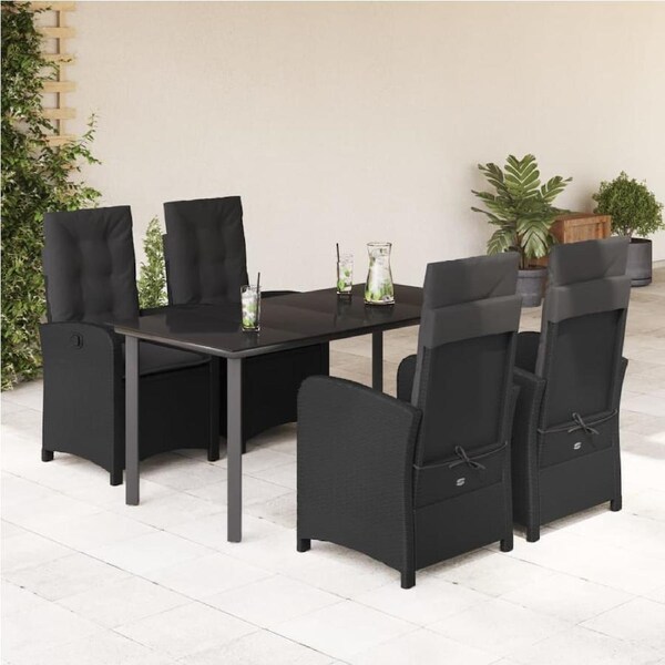 5 Piece Garden Dining Set with Cushions Black Poly Rattan vidaXL