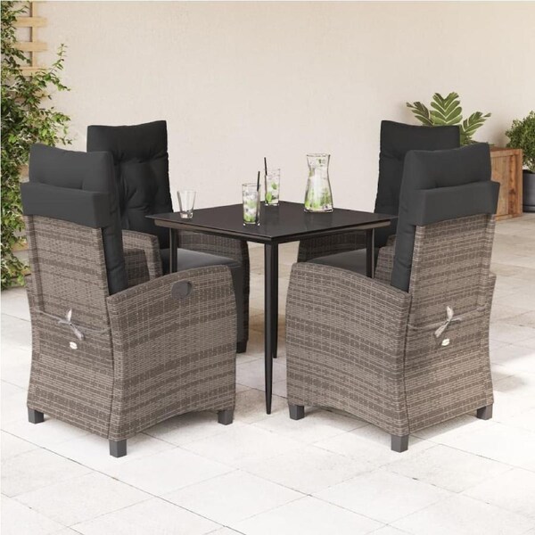 5 Piece Garden Dining Set with Cushions Grey Poly Rattan vidaXL