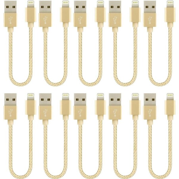 10 Pack 20cm Short Data Transfer Charger Charging USB Cable Cord for Apple iPhone iPad iPod Bulk Braided Gold Strong Nylon