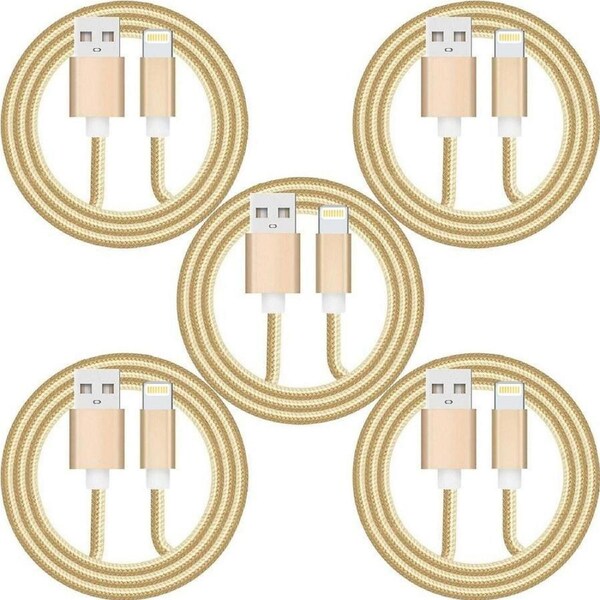 5 Pack 1m Data Transfer Charger Charging USB Cable Cord for Apple iPhone iPad iPod Bulk Braided Gold Strong Nylon