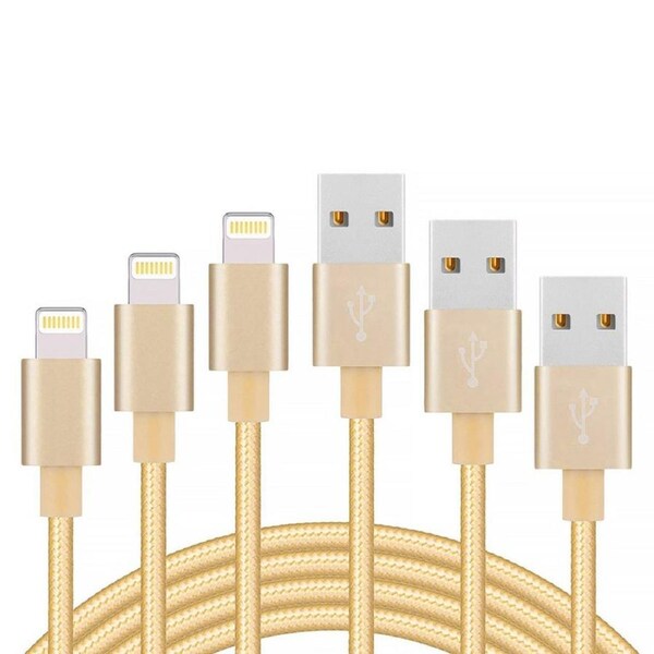 3 Pack 2m Long Braided Data Transfer Charger Charging USB Cable Cord for Apple iPhone iPad iPod Bulk Braided Gold Strong Nylon