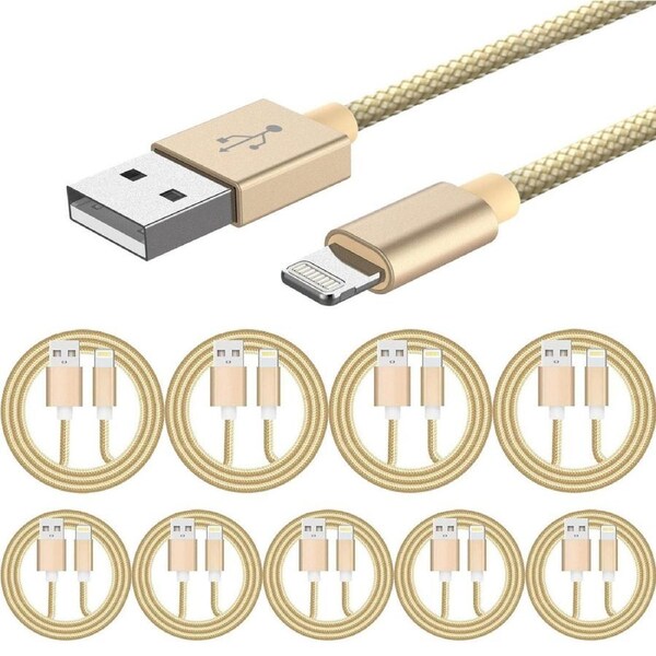 10 Pack 1m Data Transfer Charger Charging USB Cable Cord for Apple iPhone iPad iPod Bulk Braided Gold Strong Nylon