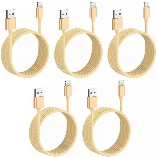 5 Pack 2m Long Braided Data Transfer Charger Charging USB Cable Cord for Apple iPhone iPad iPod Bulk Braided Gold Strong Nylon