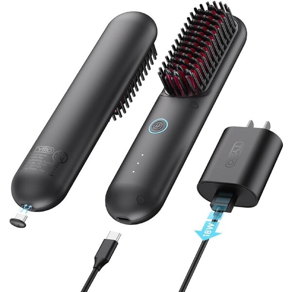 TYMO Hair Straightener Brush Cordless, Mini Hair Straightening Brush with USB Rechargeable, 5 Million Negative Ion, Portable Heating Brush for Travel, Anti-Scald, Safety Lock, PORTA Matte Black.