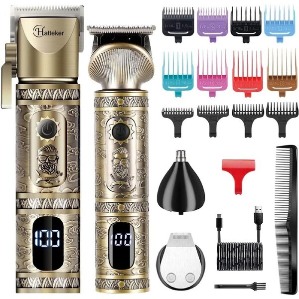 Hatteker Professional Hair Clipper and T-Blade Trimmer Set for Men, Cordless Rechargeable Barber Clipper Beard Nose Hair Trimmer Multipurpose Grooming Kit LED Display(Gold)