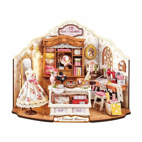 Rolife Elsa's Tailoring DIY Miniature House - DG178 - 3D Dollhouse Kit with LED Lights for Adults