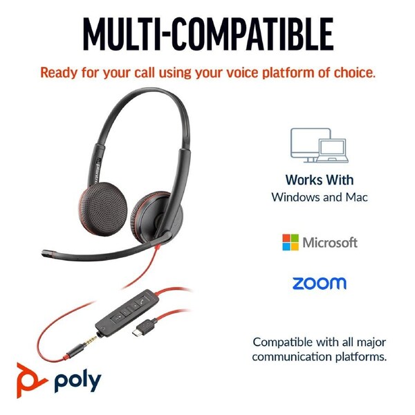 Poly Blackwire 3225 Stereo USB-C Headset +3.5mm Plug +USB-C/A Adapter