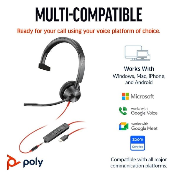 Poly Blackwire 3315 Monaural Microsoft Teams Certified USB-C Headset +3.5mm Plug +USB-C/A Adapter