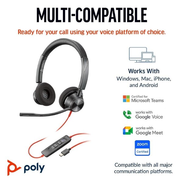 Poly Blackwire 3320 Stereo USB-C Headset +USB-C/A Adapter