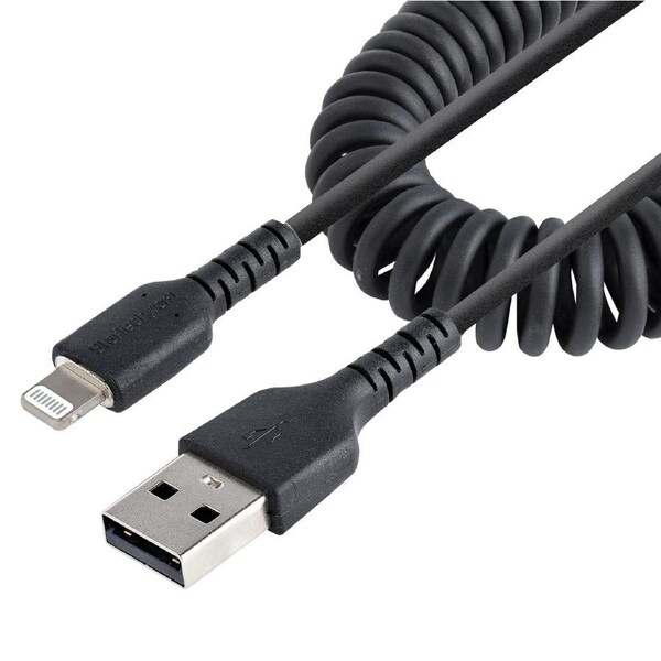 StarTech.com 50cm (20in) USB to Lightning Cable, MFi Certified, Coiled iPhone Charger Cable, Black, Durable TPE Jacket Aramid Fiber, Heavy Duty Coil Lightning Cable