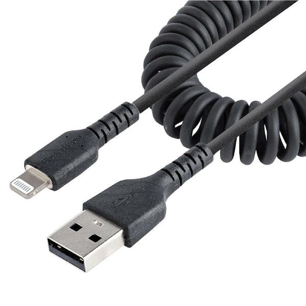 StarTech.com 1m (3ft) USB to Lightning Cable, MFi Certified, Coiled iPhone Charger Cable, Black, Durable TPE Jacket Aramid Fiber, Heavy Duty Coil Lightning Cable